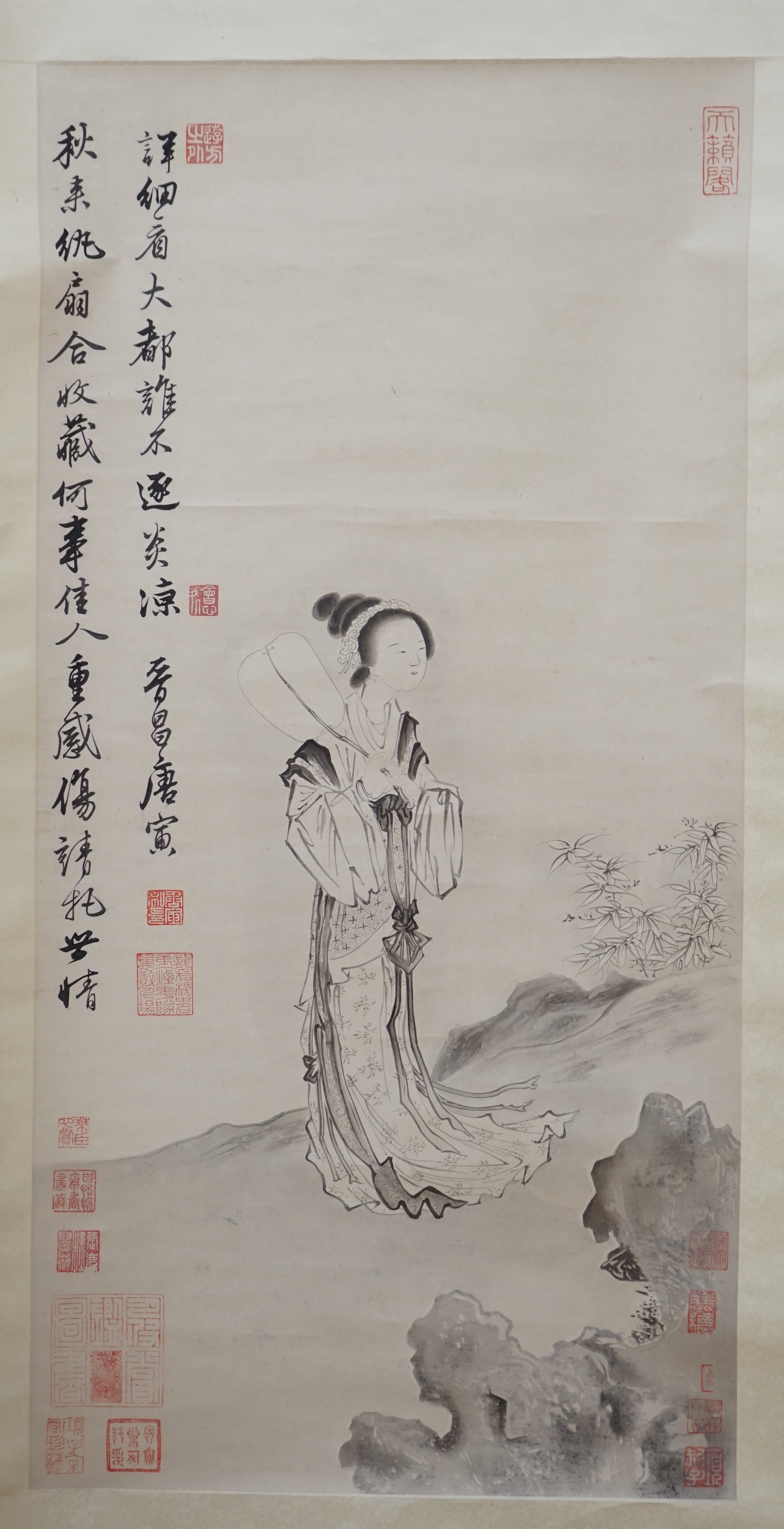 Two Chinese painted scrolls, one on silk, a female wearing a kimono and a landscape